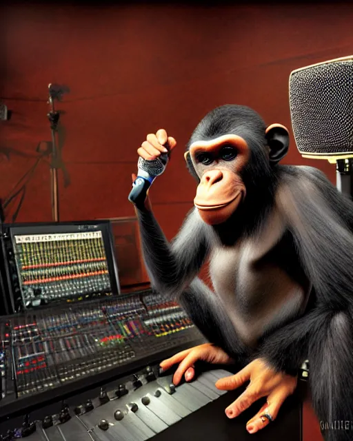 Image similar to looking over the sound board into the soundbooth a portrait of an anthropomorphic rockstar chimp singing into a microphone by sandra chevrier, by jon foster, detailed render, tape deck, epic composition, cybernetics, 4 k realistic, cryengine, realistic shaded lighting, sharp focus, masterpiece, by enki bilal