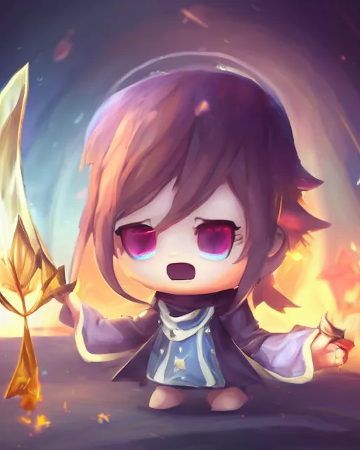 Image similar to oil painting of a cute chibi MapleStory female, casting a spell with a teaspoon, wearing a MapleStory archer outfit, sharp focus, fantasy style, octane render, volumetric lighting, 8k high definition, by greg rutkowski, highly detailed, trending on artstation, magic the gathering artwork, Perion background from MapleStory, centered