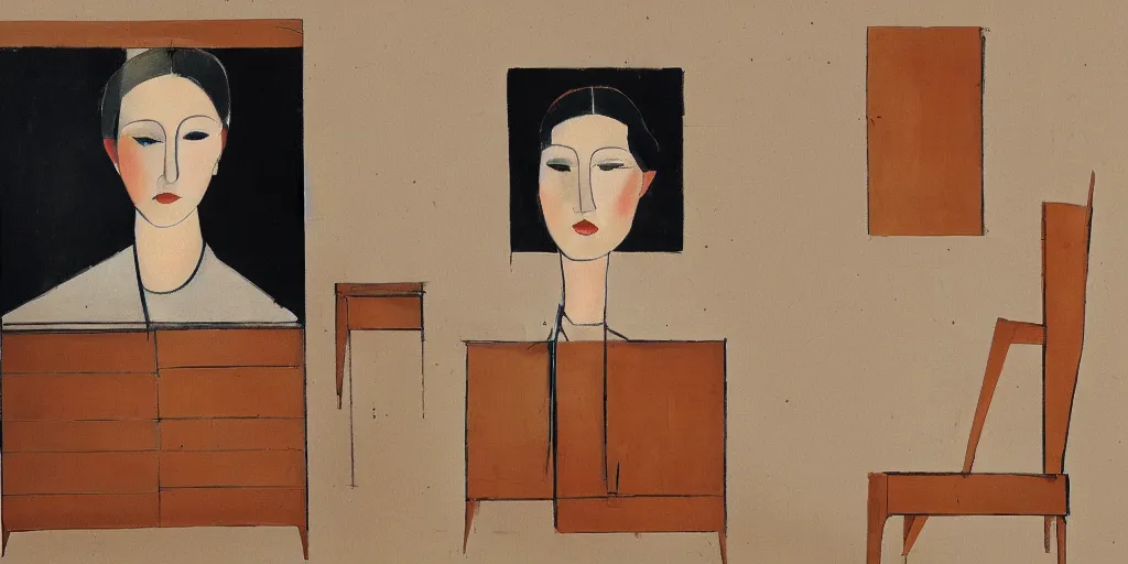 Image similar to photo of furniture designs in the style of modigliani, design sheet.