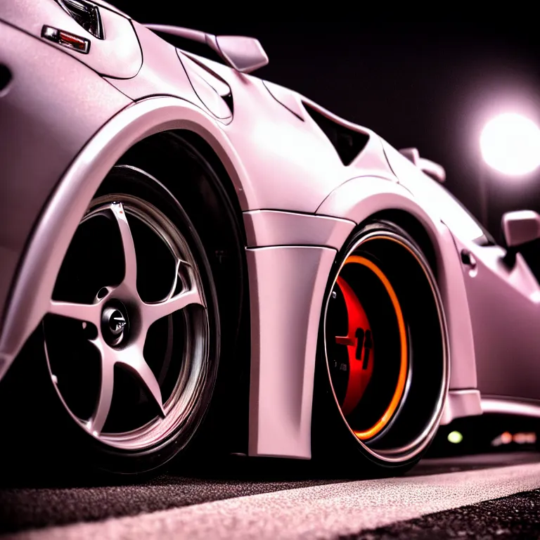 Prompt: close-up-photo Nissan Z32 turbo illegal roadside night meet, deep dish work-wheels, Shibuya Shibuya, cinematic color, photorealistic, highly detailed night photography