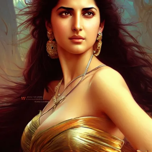 Image similar to beautiful young katrina kaif, closeup, d & d, fantasy, intricate, elegant, highly detailed, digital painting, artstation, concept art, matte, sharp focus, illustration, art by artgerm and greg rutkowski and alphonse mucha