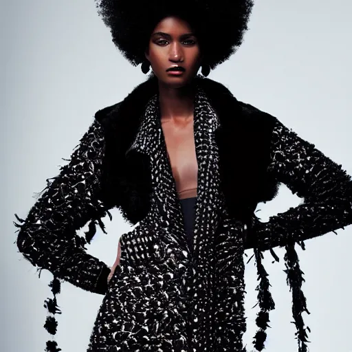 Image similar to close up of face of a black fashion model with afro, standing at black wall, official valentino editorial, highly detailed