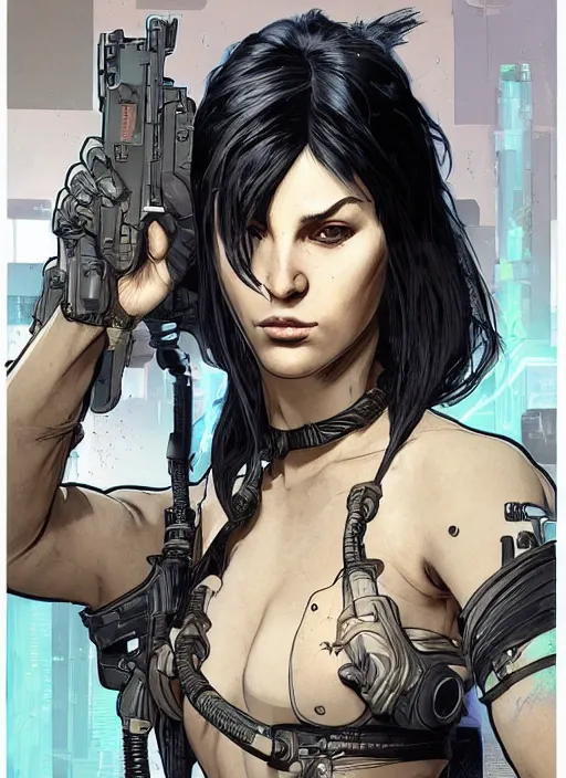 Image similar to cyberpunk ninja babe. portrait by ashley wood and alphonse mucha and laurie greasley and josan gonzalez and james gurney. splinter cell, apex legends, rb 6 s, hl 2, d & d, cyberpunk 2 0 7 7. realistic face. character clothing. vivid color. dystopian setting.