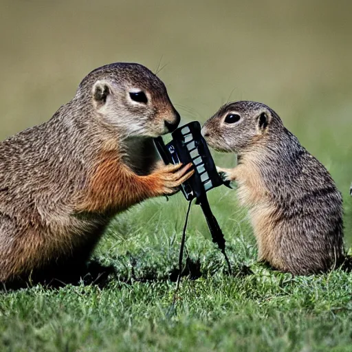 Prompt: one very hangry prairie dog. holding an riffle with a scope, aiming, lying on the grass