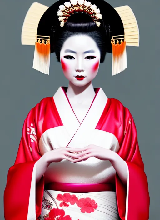 Image similar to Geisha photo portrait, beautiful makeup, pearlescent skin, elegant pose, highly detailed kimono, photorealism, artstation, different point of view, sharp focus, photorealistic, soft diffuse lights, canon 5D 50 mm lens, zen natural background, def of field