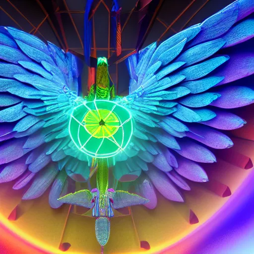 Image similar to still of rainbow ophanim, wings, wheel, mythological, 8 k, octane render, 3 5 mm, amazing details, beautiful composition