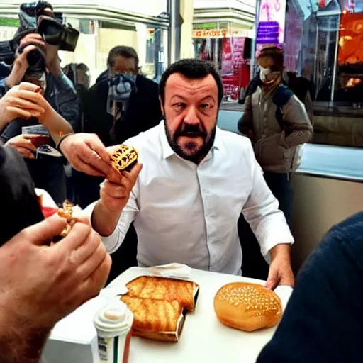 Image similar to Matteo Salvini eating a burger at McDonald’s, photograph, paparazzi