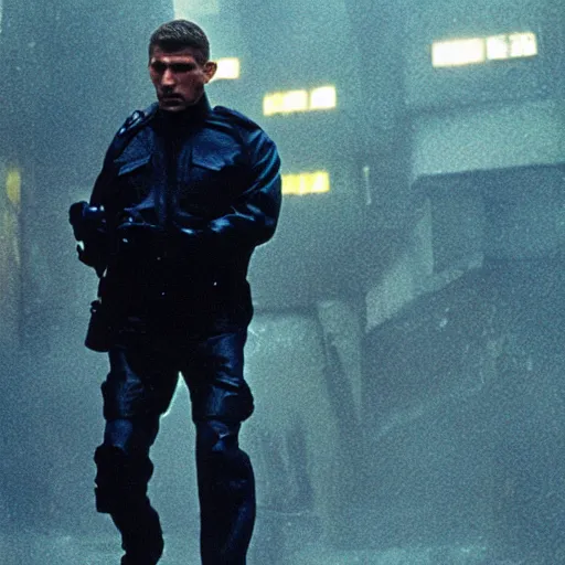 Image similar to film still blade runner Officer Deckard wearing Acronym + Nike ACG techwear