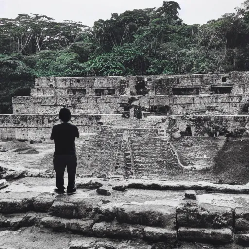 Prompt: explorer observing the ruins of an ancient Mayan city covered by jungle in a humid environment with medium light, humid atmosphere, minimalist art, reslist
