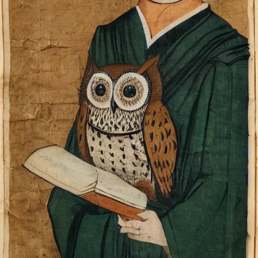 Prompt: an owl scholar holding a parchment