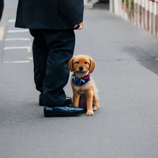 Image similar to a cute puppy wearing a policeman uniform, Canon EOS R3, f/1.4, ISO 200, 1/160s, 8K, RAW, unedited, symmetrical balance, in-frame