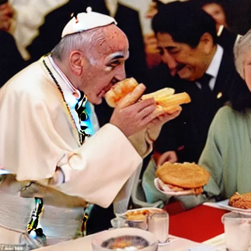 Image similar to the pope eating mc donalds with prime minister shinzo abe, photo by slim aarons, award winning