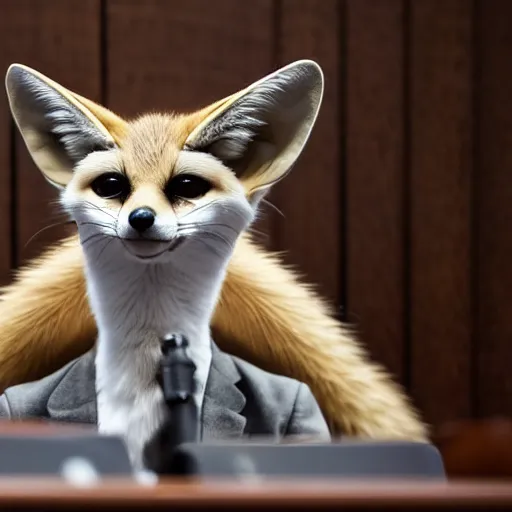 Image similar to a fennec fox testifying in court, photography, highly detailed