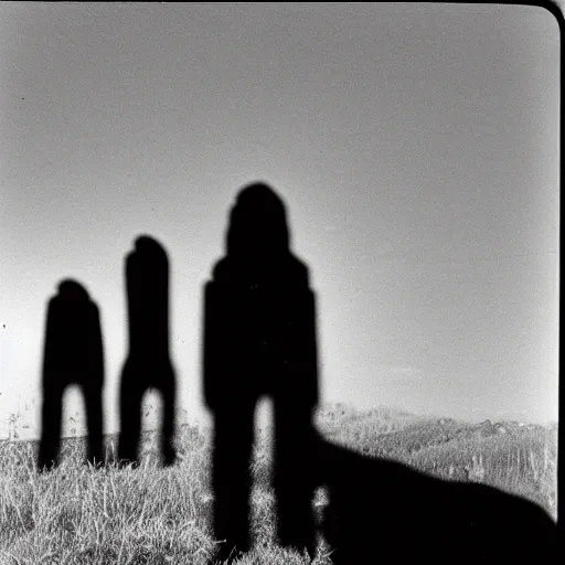 Prompt: A medium-format black-and-white photo shot on expired film, of the last thing a hiker saw before disappearing forever, 1976, creepy, horror, shadow