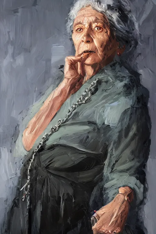 Image similar to palette knife oil painting portrait of ariadne, a mysterious spiritual guide who is a chain smoking old lady in an ashen trench coat. extreme detail, any racial background, artstation trending, artgerm, deviant art, octane, substance, art history 8 k