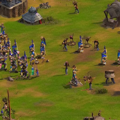 Image similar to a group of giant minions standing near a Town Center in the game Age of Empires