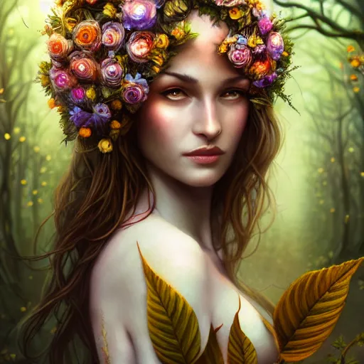 Image similar to upper body of a beautiful woman clothed in flowers and leaves standing in an enchanted forest, high fantasy, elegant, epic, detailed, intricate, digital painting, concept art, realistic detailed face, smooth, focus, rim light