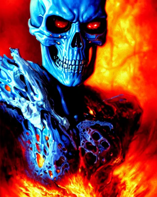 Image similar to blue fiery eyes spawn - terminator skull - ghost rider - hybrid, supervillains, intricate artwork, concept art, eyes octane render, deviant art, cinematic, key art, hyperrealism, iridescent accents, portrait photograph, in hell, nikon 3 5 mm, ridley scott, frank miller, moebius, dan mumford, jim lee