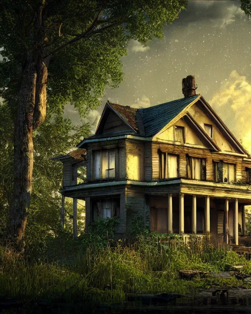 Image similar to a beautiful photorealistic render of single family detached house abandoned by albert bierstadt, reclaimed by nature retro nightsky gem liberty city atlantis architecture island apocalyptic nature cosmic sea, archdaily, wallpaper, highly detailed, trending on artstation.