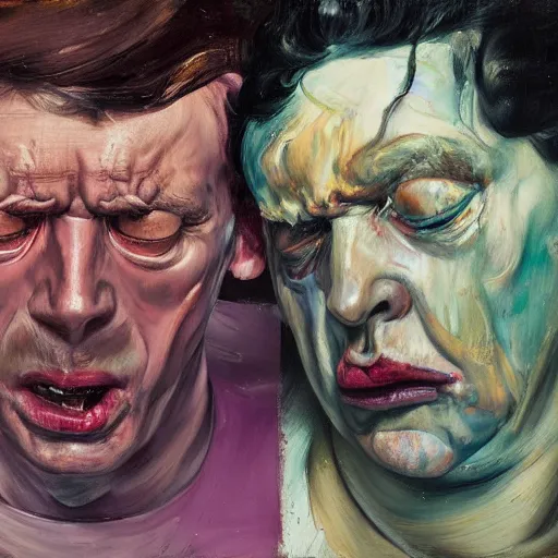 Image similar to high quality high detail painting of two extremely angry men by lucian freud and jenny saville and francis bacon and malcom liepke and nicola samori, hd, anxiety, two men crying and screaming, turquoise and purple and orange and pink, dark atmosphere