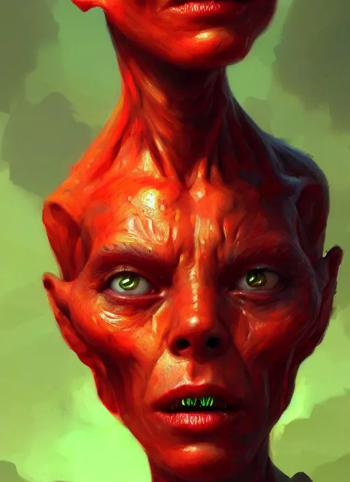 Image similar to portrait of smoking green alien, red short hair, highly detailed, digital painting, artstation, concept art, sharp focus, illustration, art by wlop, mars ravelo and greg rutkowski