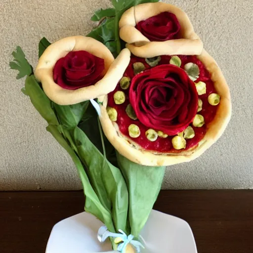 Prompt: flower boquet made of pizza