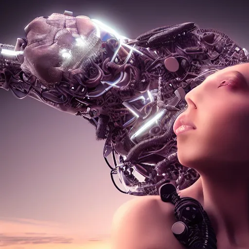 Image similar to breathtaking symbiosis of man and cyborg, beautiful girl, 3 d, ultra nd, 4 k, detailing