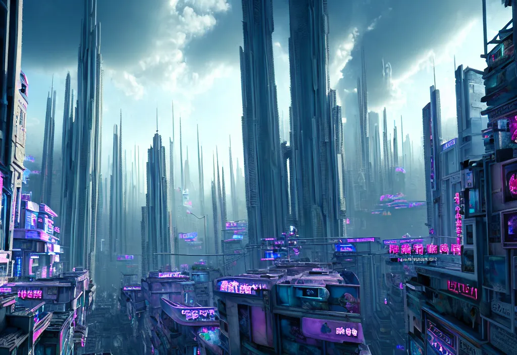 Prompt: stree view of a highly detailed crisp unreal engine render of a beautiful futuristic cyberpunk utopia city full of life where everything is white , building with neon like plants, stunning clowds on the sky, sunlight breaking through clouds, no signature, fliperama machines, earth in 3300, sci-fi, imagine, superb, colony, everything is perfect by wangchen-cg, 王琛,Neil blevins, artstation, Gediminas Pranckevicius