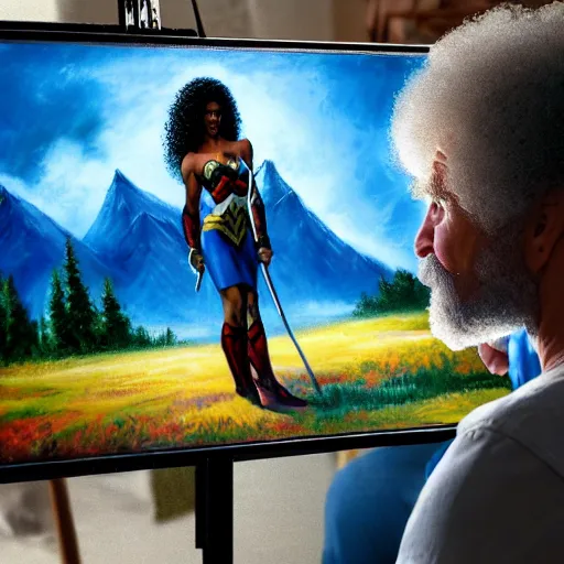 Image similar to a closeup photorealistic photograph of bob ross working on a canvas painting of wonder woman. film still. brightly lit scene. mountains and trees. this 4 k hd image is trending on artstation, featured on behance, well - rendered, extra crisp, features intricate detail, epic composition and the style of unreal engine.