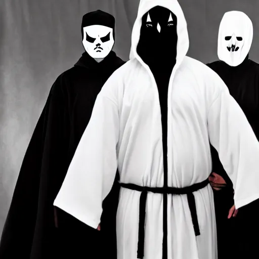 Prompt: Ghostface Killa vs Ghostface wearing a long black robe and a freaky white mask