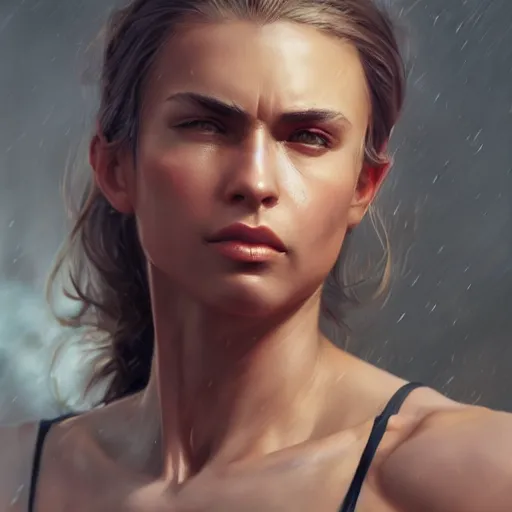 Image similar to a woman with muscles, digital art, photorealistic, unreal engine, 8 k resolution, artstation, well - defined muscles, beautiful face, pretty face, very detailed eyes, by wlop, greg rutkowski, simon bosley