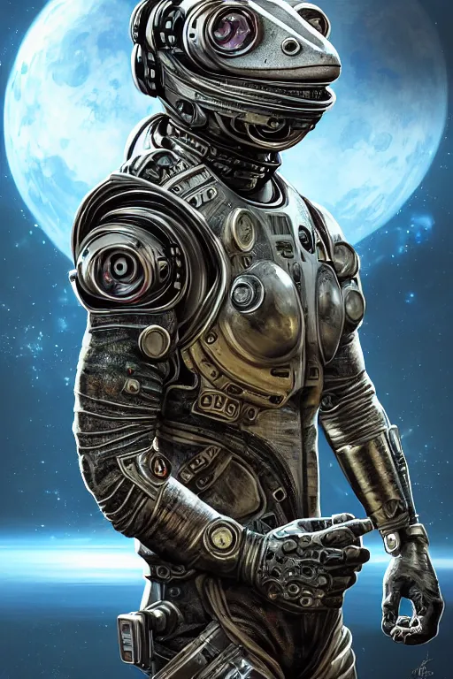 Image similar to a portrait of a muscular anthropomorphic cyberpunk gecko lizard with big head in spacesuit armor with ensignia on chest plate by sandra chevrier, by jon foster, detailed render, pistol in holster, tape deck, epic composition, cybernetics, 4 k realistic, cryengine, realistic shaded lighting, sharp focus, masterpiece, by enki bilal