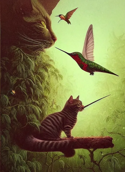 Image similar to a hyper realistic illustrated cat with playing with a hummingbird on its paw in the woods gorgeous lighting, k _ lms lush forest foliage painting by chiara bautista and beksinski and norman rockwell and greg rutkowski weta studio, and lucasfilm