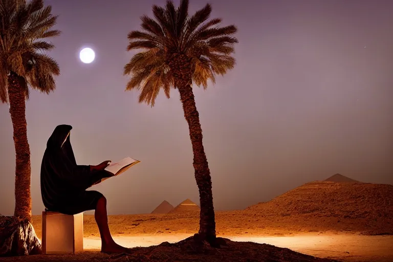Prompt: a hooded Druid sitting under a palm tree in the Egyptian desert reading ancient scrolls in the light from a small fire at night, brown cloak, desert, starry sky, an ancient city far in the distance, strong dramatic cinematic lighting, lost civilizations, smooth, sharp focus, extremely detailed