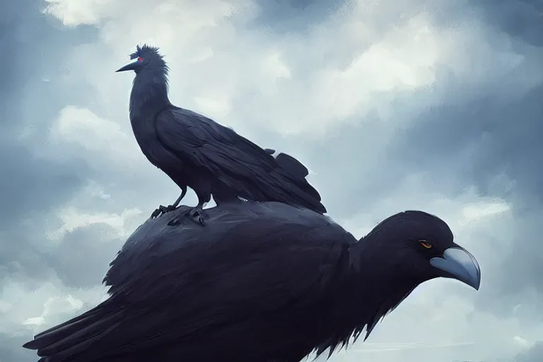Prompt: gigantic crow standing on top of a hill looking down, cloudy sky in the background, digital painting, epic, pokemon style, earth type pokemon, smooth, trending on artstation, professional painting, made by greg rutkowski
