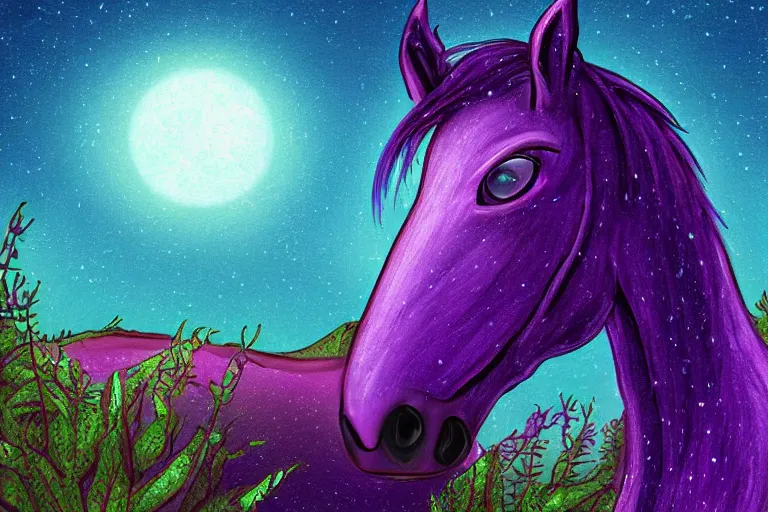 Prompt: a digital painting of a sad horse that's lost on an extraterrestrial planet, strange plants, purple lighting, night sky, glows,