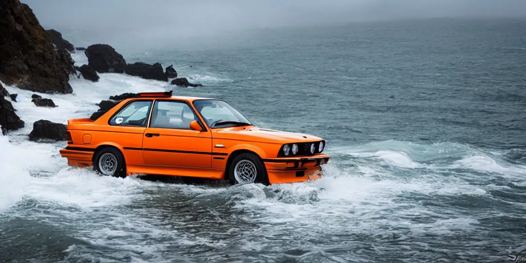 Image similar to orange bmw e30 m3 driving off a cliff into the ocean