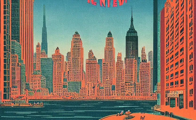 Image similar to vaporwave art deco lithograph of new york city by adolphe millot