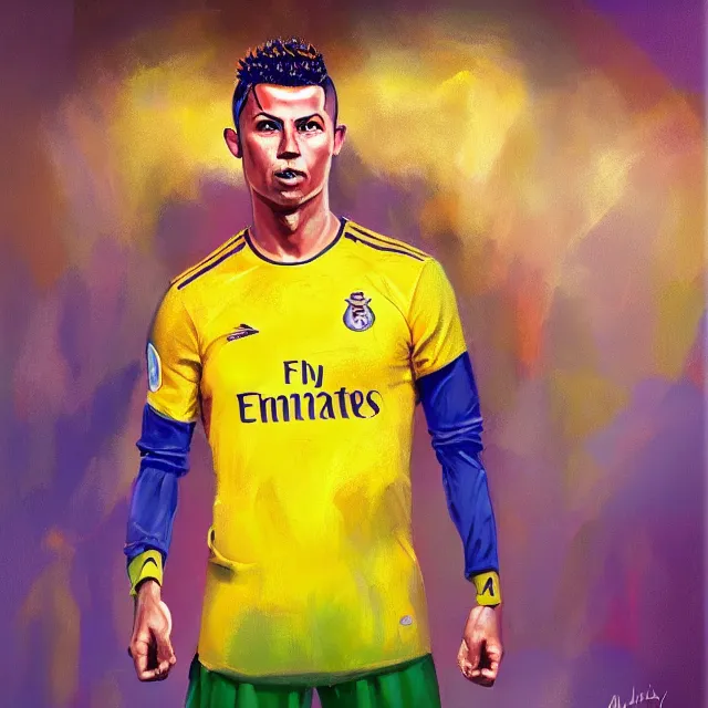 Prompt: full body portrait of ronaldo phenomenon wearing yellow jersey with the number 9 by mandy jurgens, cartoon, oil painting, visionary art, magic symbols, holy halo, neon ambient lighting, high detail, dark vibrant colors