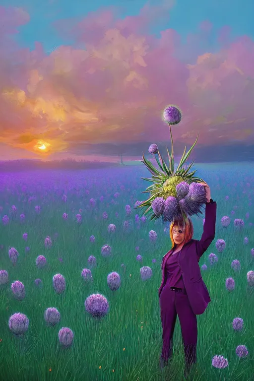 Prompt: portrait, massive thistle flower under head, a girl in a suit in field of flowers, surreal photography, sunrise, blue sky, dramatic light, impressionist painting, digital painting, artstation, simon stalenhag