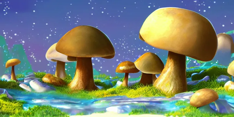 Prompt: a crystal and mushroom ridden world, extinct species, epic land formations, detailed, wide shot,