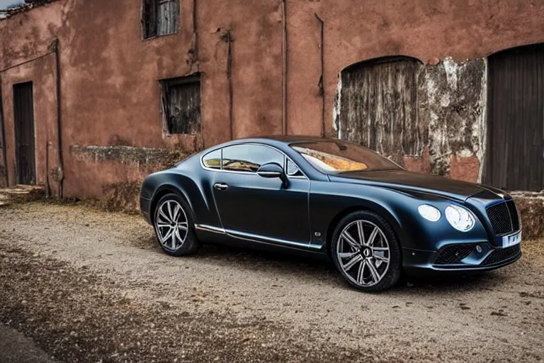 Image similar to modern rusty matte tired Bentley Continental GT without gloss no reflections drives along the road of an old Russian village with houses at the edges