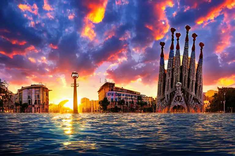 Image similar to touristic ads to visit a catastrophic barcelona, buildings covered with high water, floating cars, sunset lighting, photo real