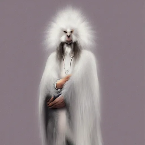 Image similar to portrait of a white panter with a very long fur and wizard hat, fantasy, trending on artstation, heroic pose, illustration, highly detailed, simple, 8k