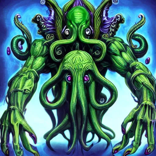 Image similar to 4 k colored headshot of godlike cthulhu with defined arms and open hands and bloody clothes with giant mandala wings, intricate face, flawless anime cel animation by kentaro miura, psychedelic, highly detailed upper body, professionally post - processed, beautiful, scary, symmetry accurate features, epic, octane rendered, anime masterpiece, accurate