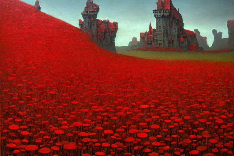 Image similar to only with red, red flowers of different types, a castle in the background, red orcs and trolls dance over the flowers, in the style of beksinski, part by hopper, part by rodcenko, part by hofbauer, intricate composition, red by caravaggio, insanely quality, highly detailed, masterpiece, red light, artstation, 8 k
