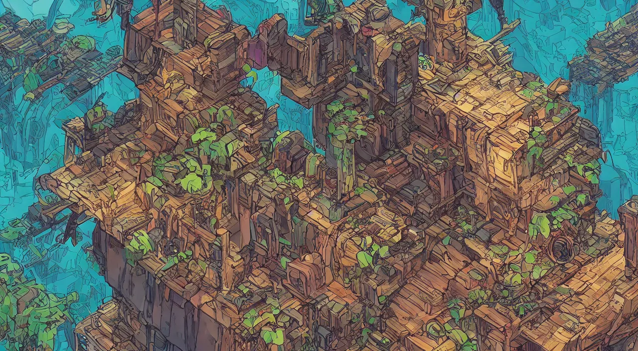 Image similar to open door wood wall fortress airship greeble block amazon jungle on portal unknow world ambiant fornite colorful that looks like it is from borderlands and by feng zhu and loish and laurie greasley, victo ngai, andreas rocha, john harris