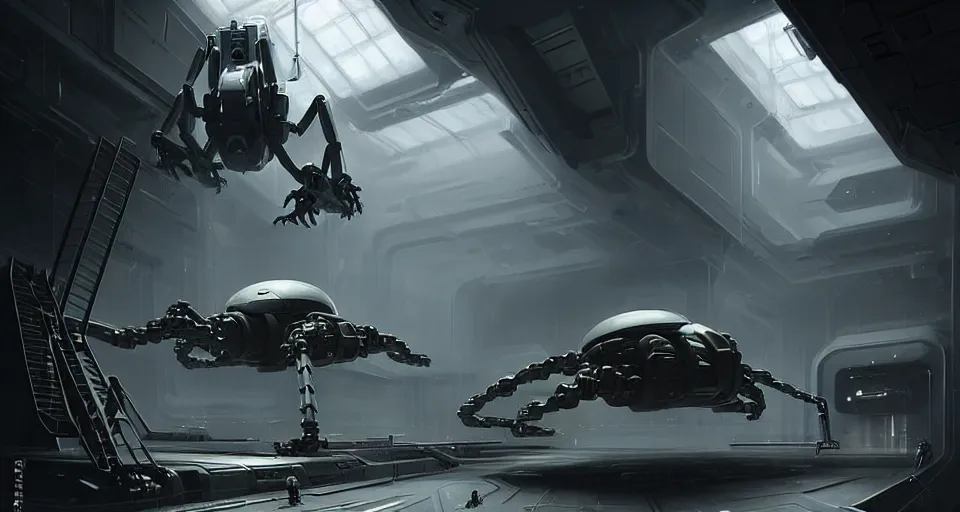 Prompt: hyper realistic sci - fi matte concept art painting of a giant spiderbot in a starship hanger, beautiful details, strong composition painted by kim jung guweta studio rutkowski, james gurney and greg rutkowski, and lucasfilm, smooth, intricate, detailed, sharp focus, cinematic