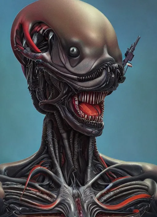 Image similar to a hyper detailed upper body portrait of ellen ripley hybrid xenomorph, by tom bagshaw, by zdzisław beksinski, trending on artstation