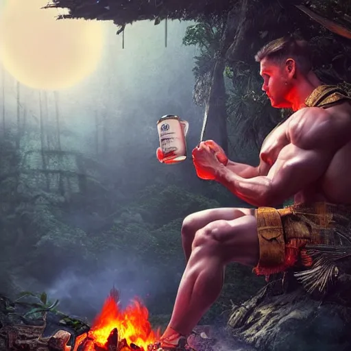 Image similar to muscleman with peyote tea at jungle campfire full moon atmospheric octane render ultra photorealistic hyper detailed, trending on cgsociety, 4 k, award - winning, very extremely beautiful, gorgeous, dnd, fantasy